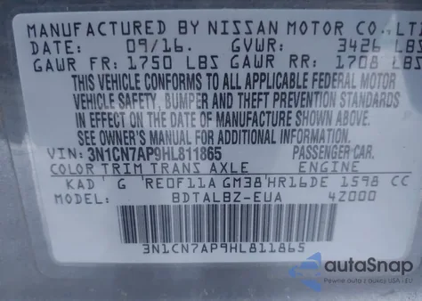 2017 Nissan Versa 1.6 Sv из США, поврежденный, VIN 3N1CN7AP9HL811865